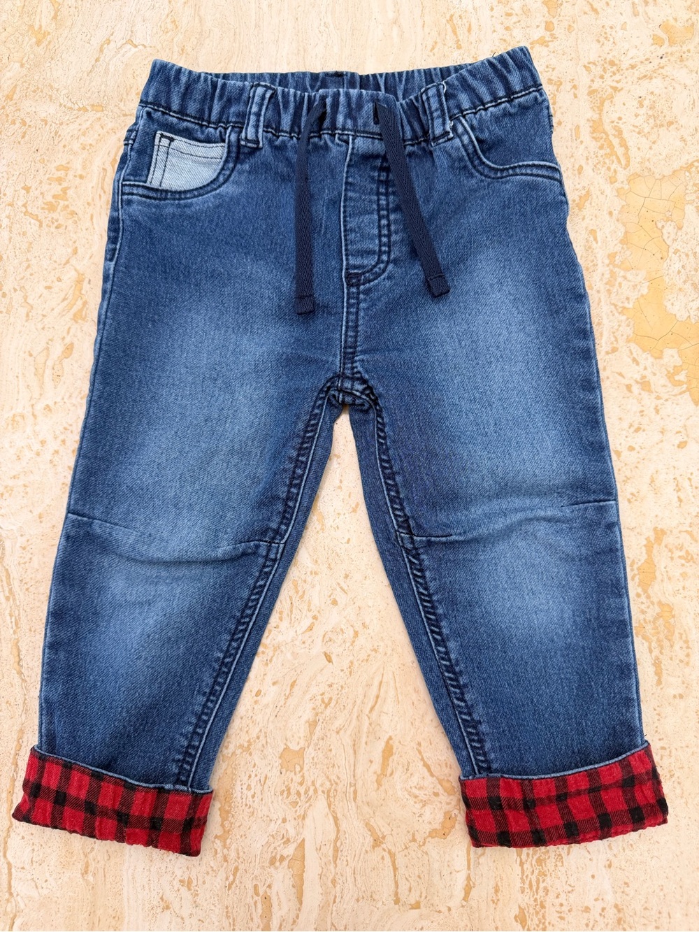 First Impressions Toddlers Blue Denim Jogger Pants with Red Plaid Cuffs